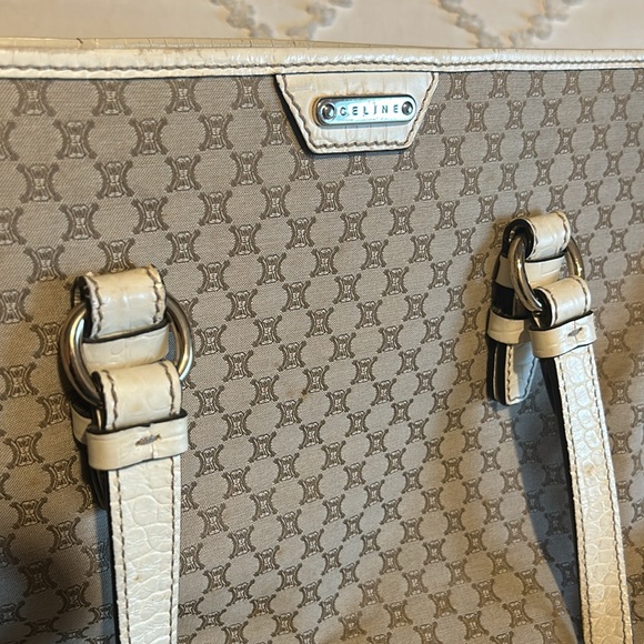 Authentic CELINE Vintage Macadam Canvas Leather Tote Shoulder/Hand Bag Beige - Picture 1 of 11